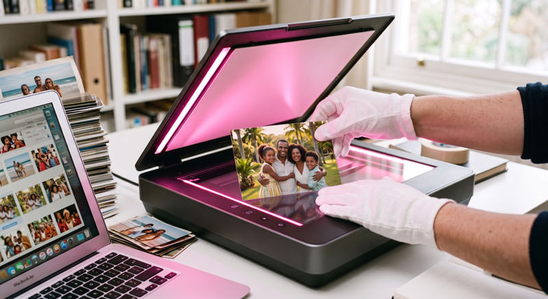 Foto sendo digitalizada com cuidado